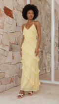 Elara Brix | Women's Tiered Ruffle Halter Maxi Dress