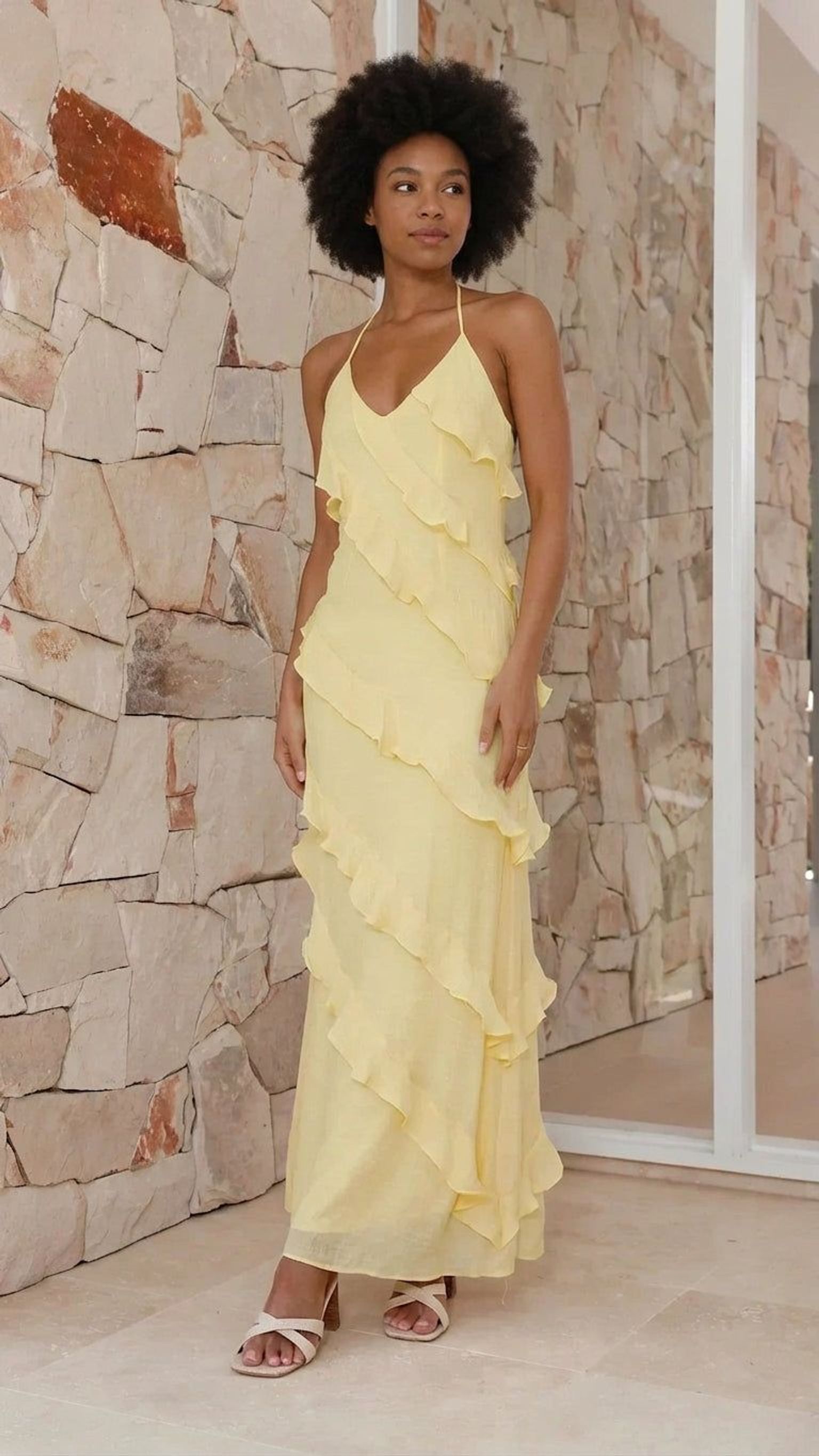 Elara Brix | Women's Tiered Ruffle Halter Maxi Dress