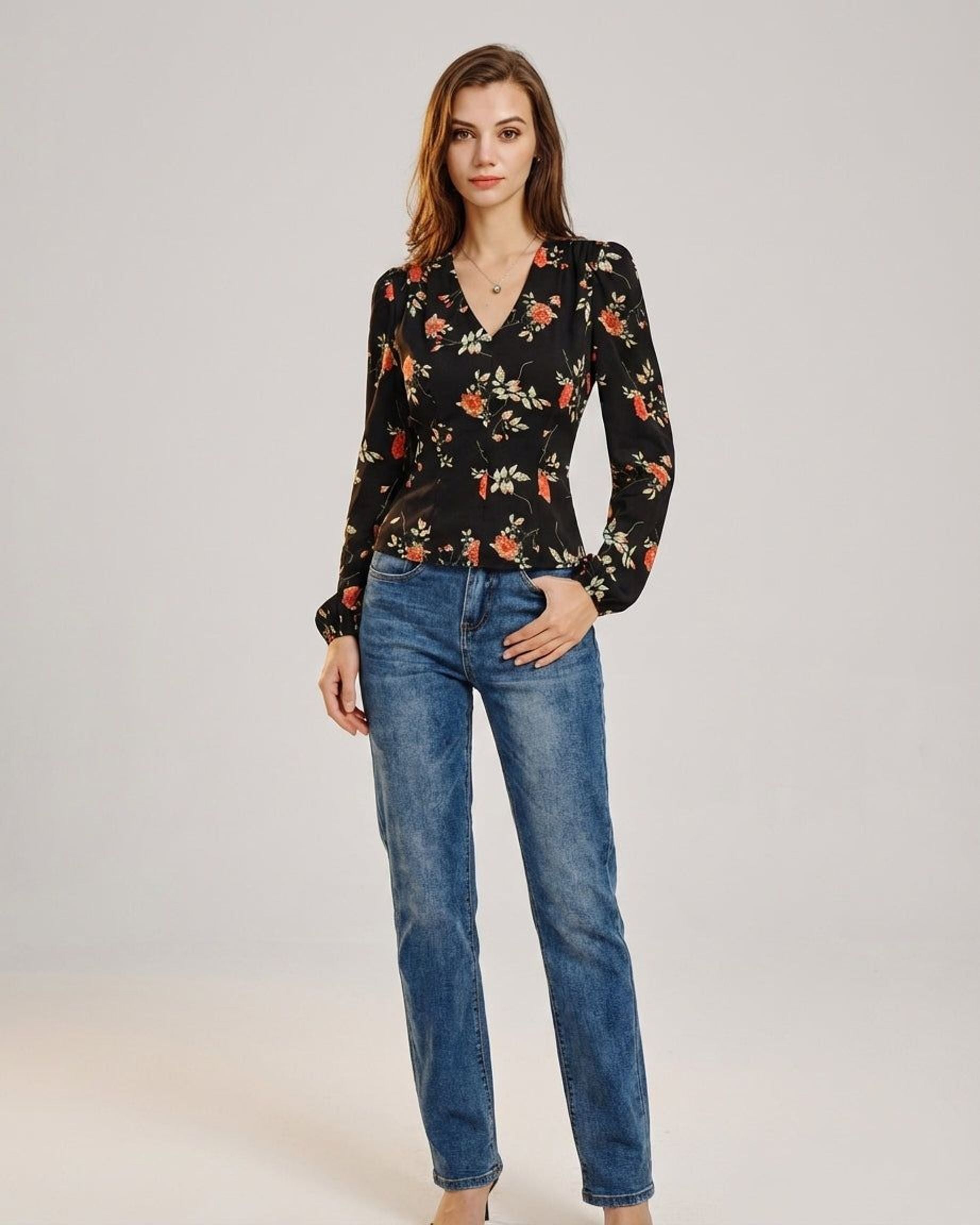 Elodie Vance | Women's Floral V Neck Long Sleeve Blouse