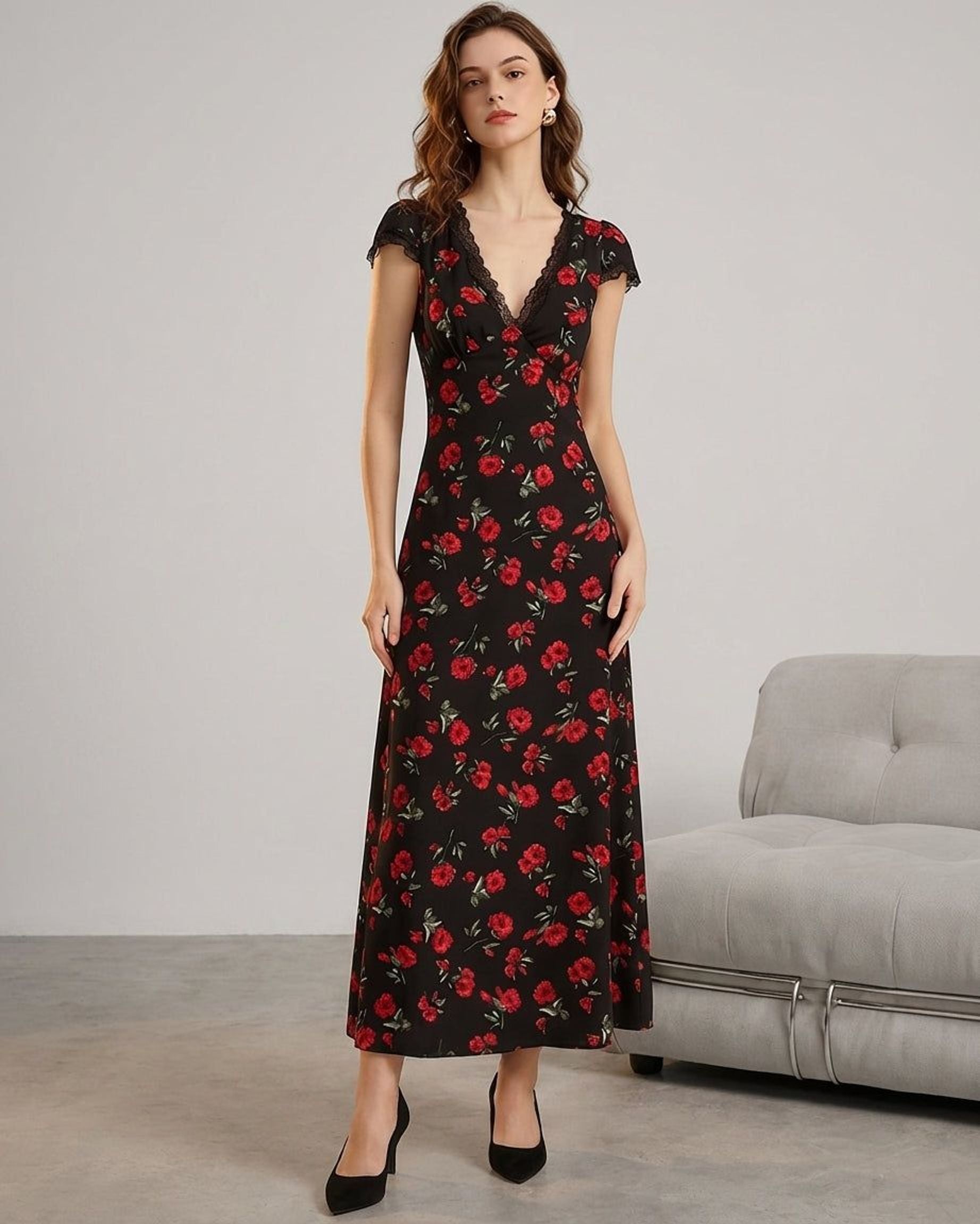 Elena Vire | Women's Floral V Neck Maxi Dress