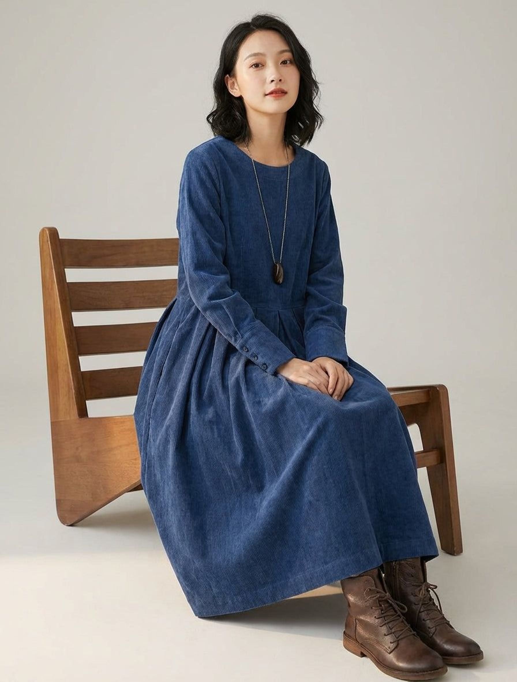 Elodie Vant | Women's Velvet A-Line Dress in Blue, Brown, Green