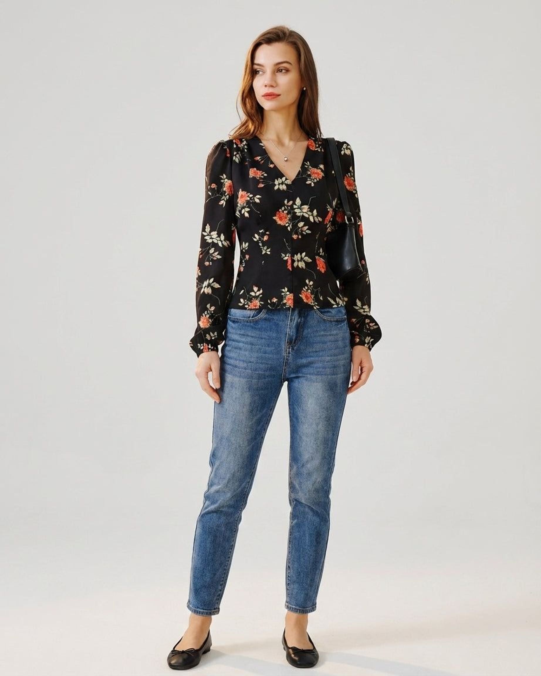 Elodie Vance | Women's Floral V Neck Long Sleeve Blouse