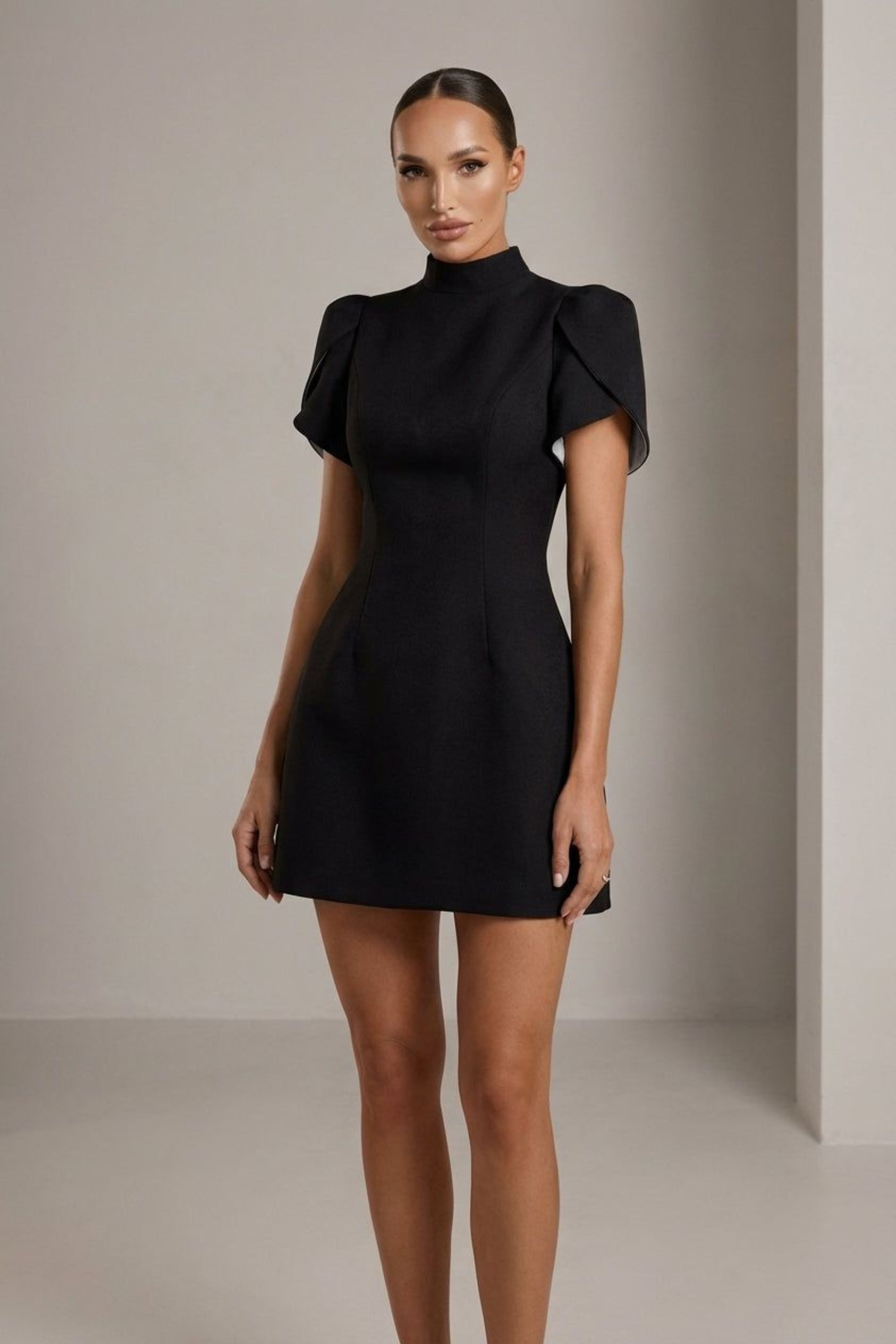 Aveline Voss | Women's High-Neck Puff Sleeve Mini Dress
