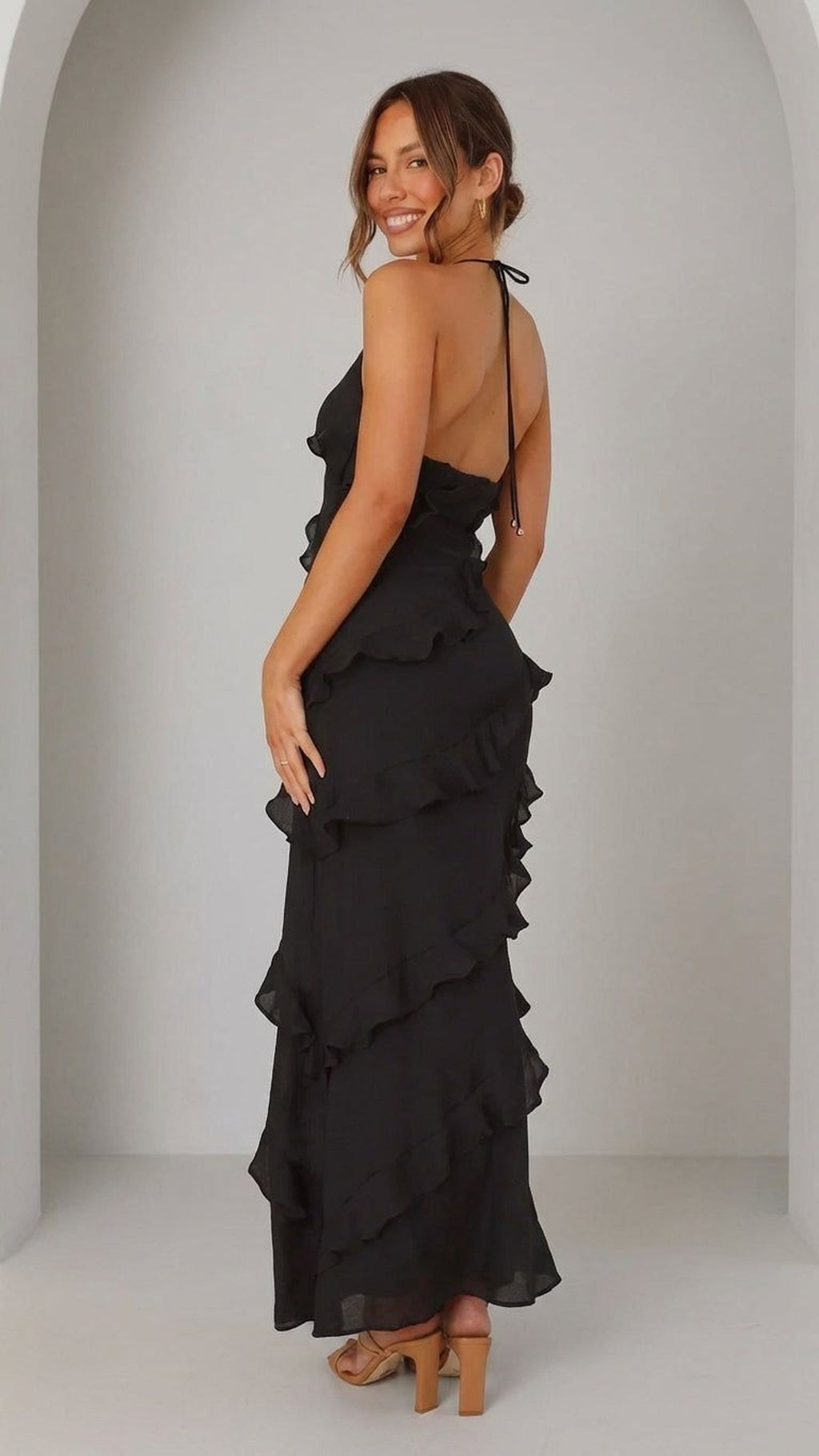Elara Brix | Women's Tiered Ruffle Halter Maxi Dress