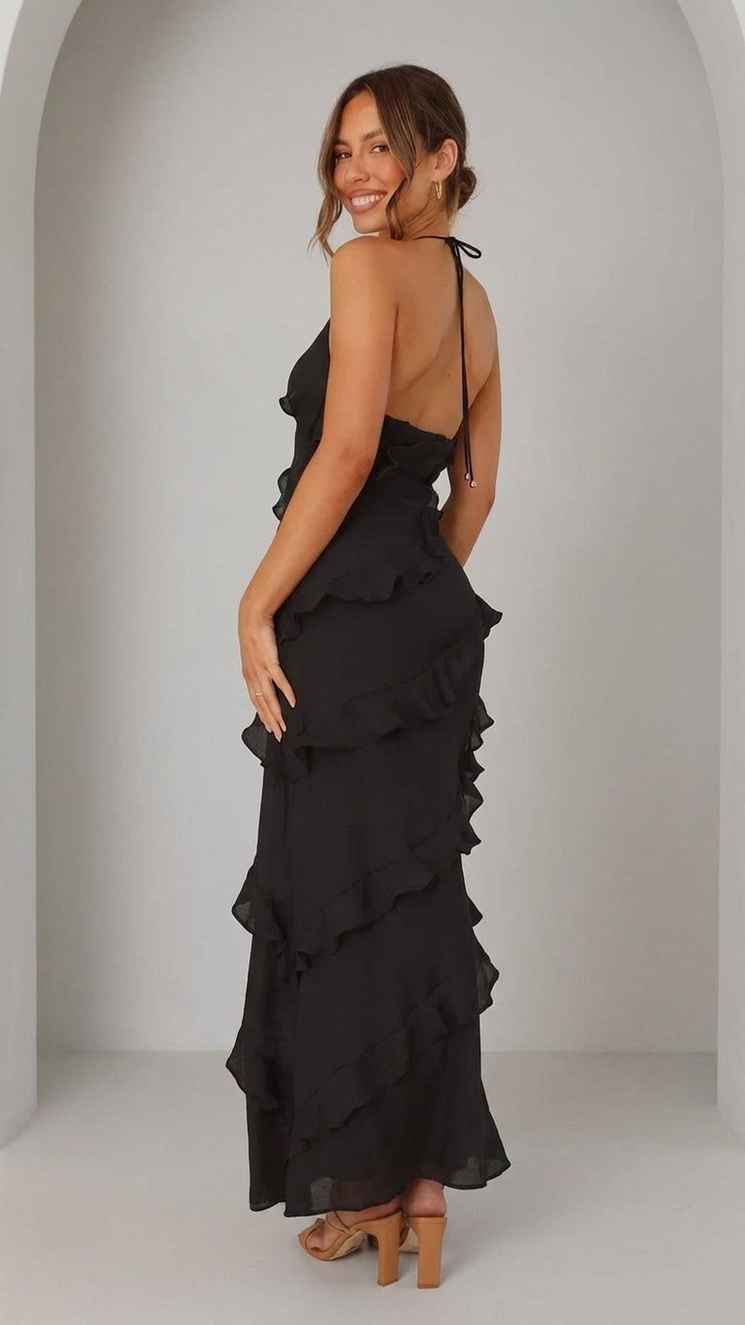 Elara Brix | Women's Tiered Ruffle Halter Maxi Dress