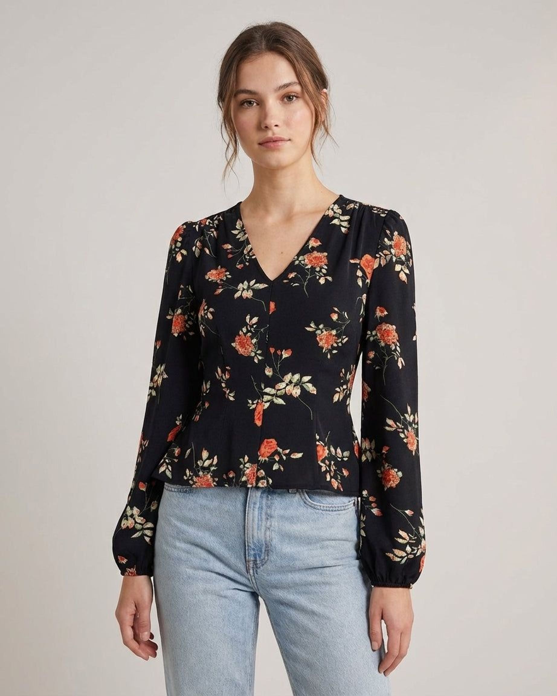 Elodie Vance | Women's Floral V Neck Long Sleeve Blouse