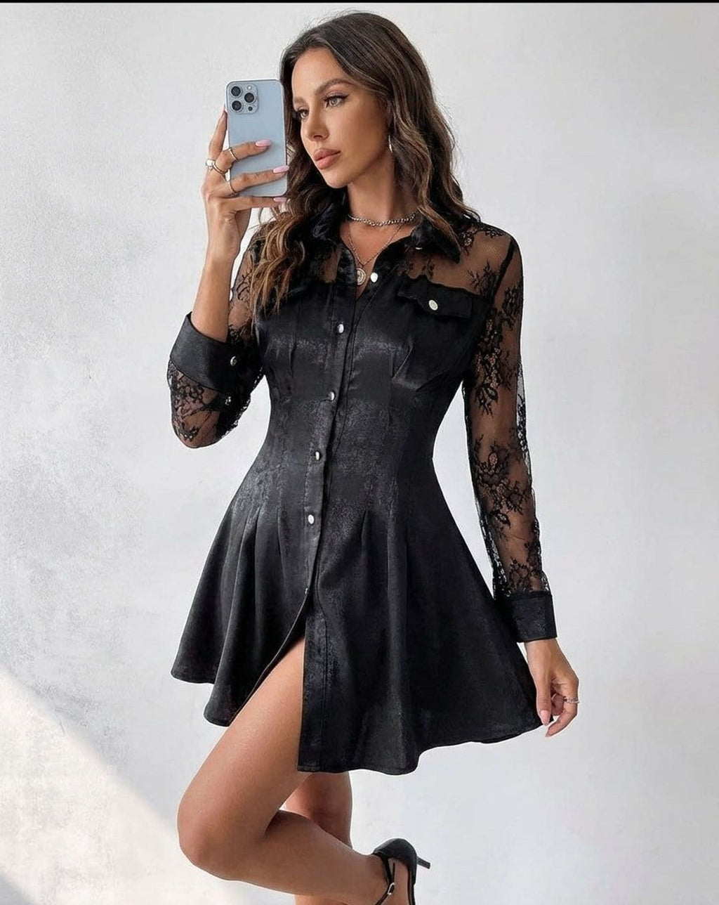 Isabelle Vane | Women's Long Sleeve Lace Shirt Dress