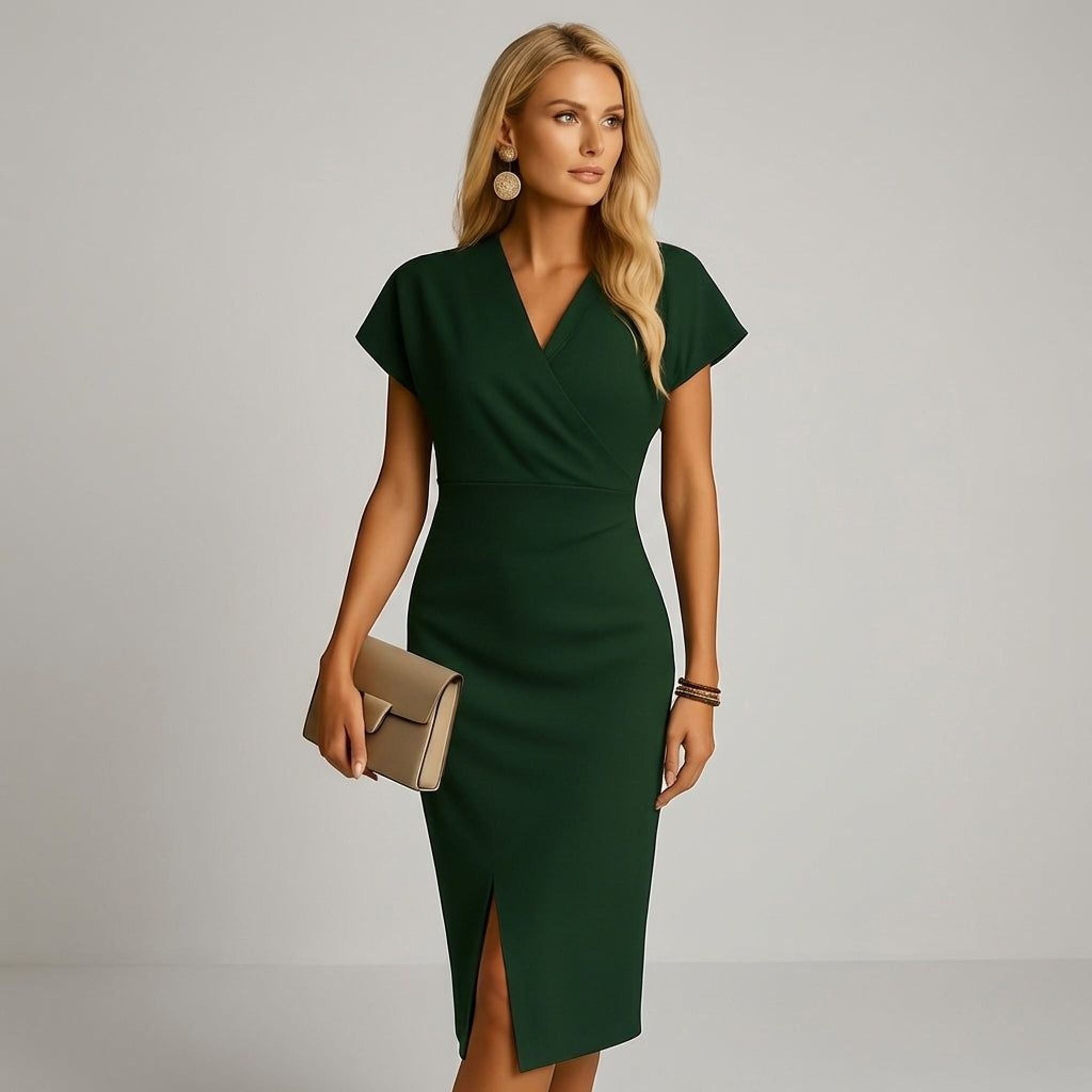 Elara Vance | Women's V-Neck Midi Dress with Split
